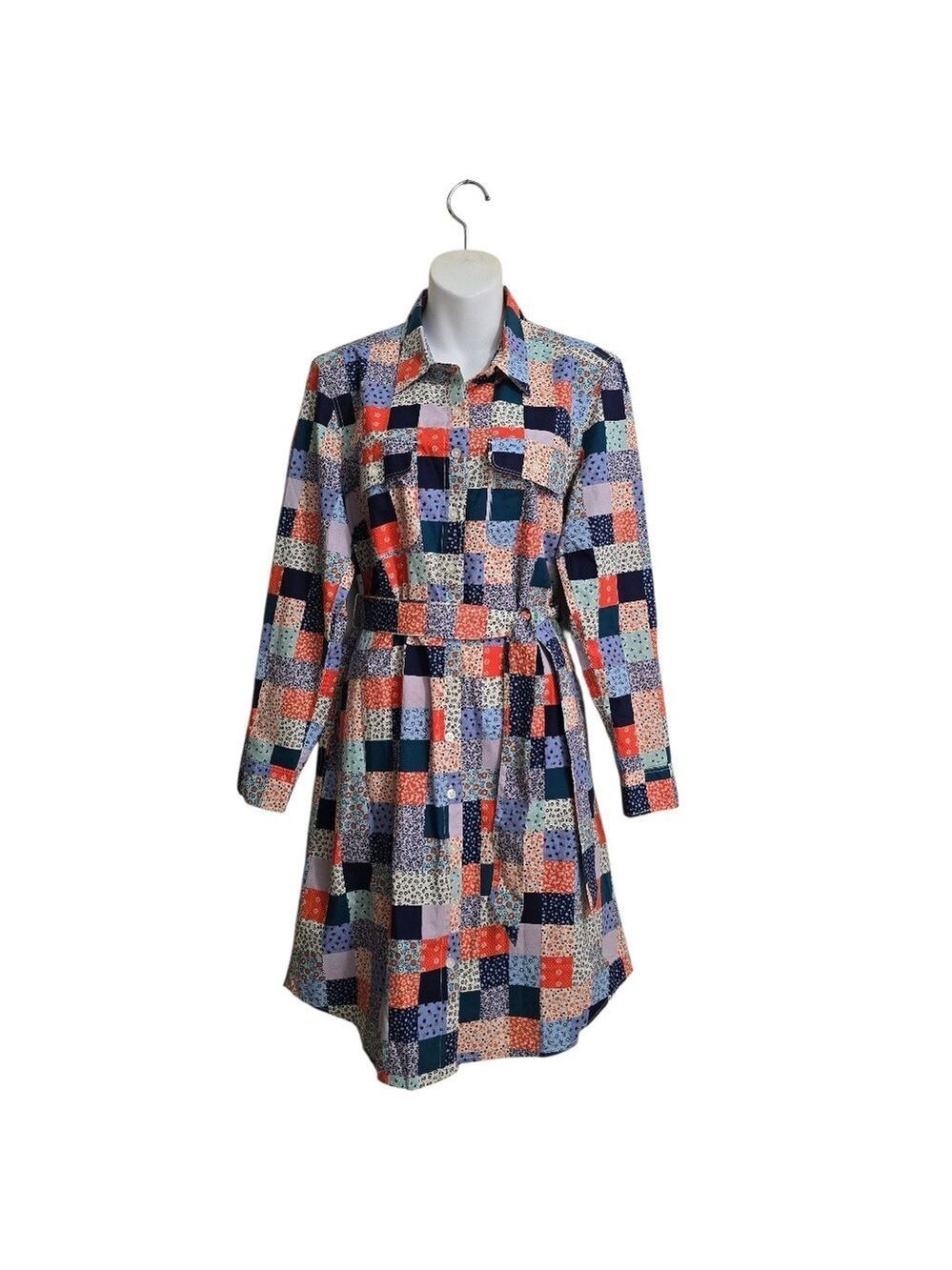 Lands' End Cotton Poplin Patchwork Button Front Belted Shirt Dress Sz M